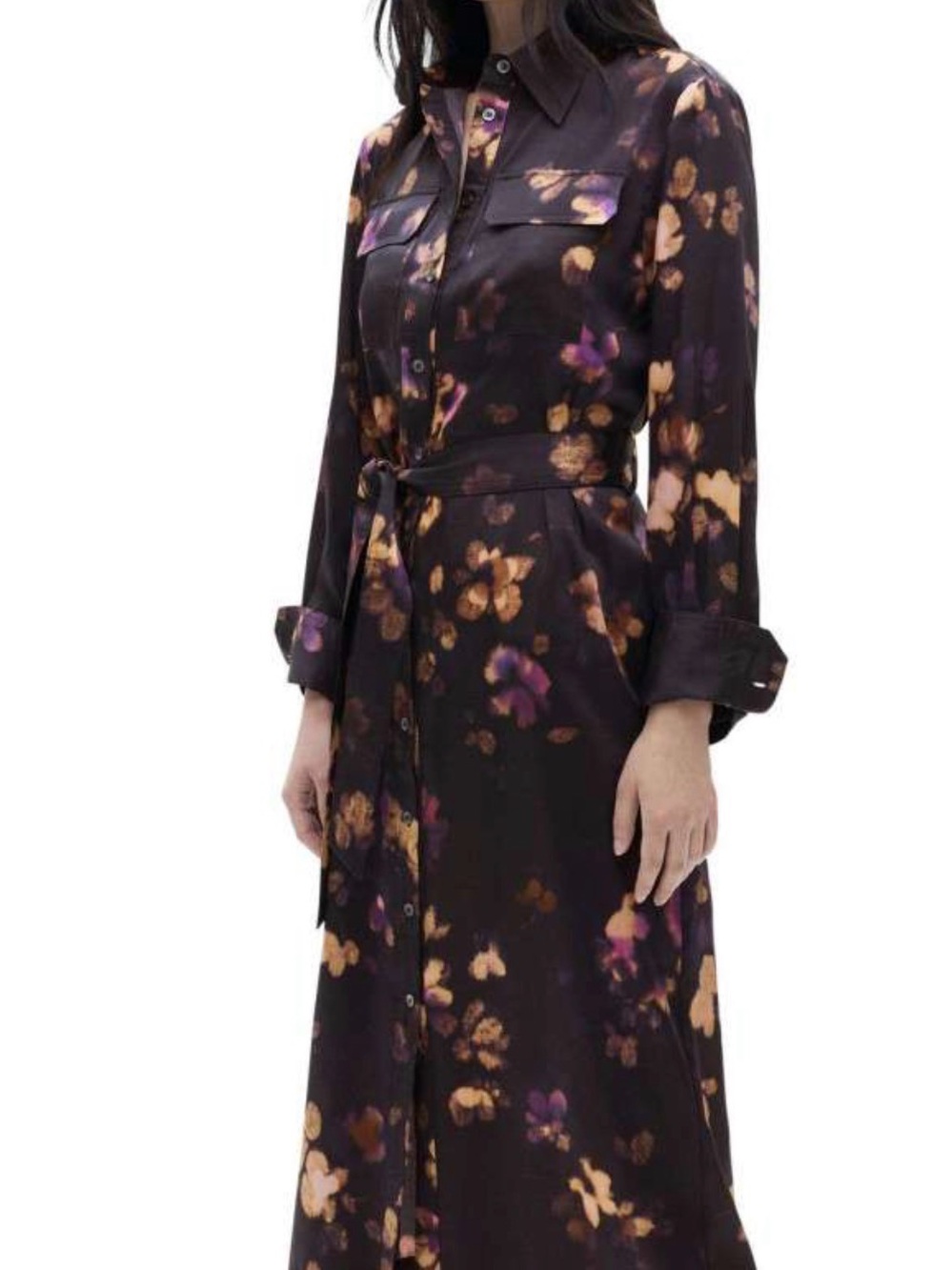 Vintage Mango Deep Violet Floral Belted Midi Shirt Dress XL US10 Dark Academia